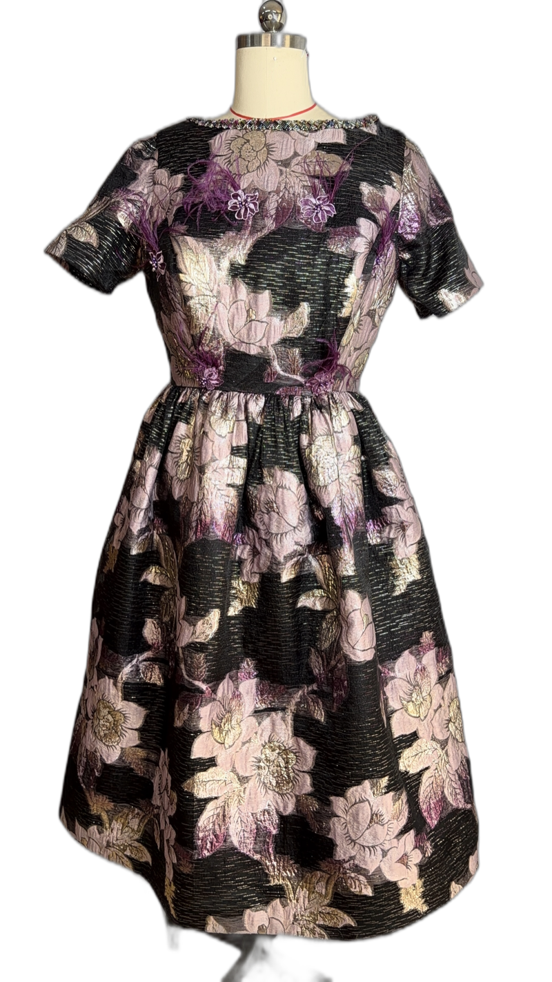 Gathered Knee Length Dress with Patch Feathers